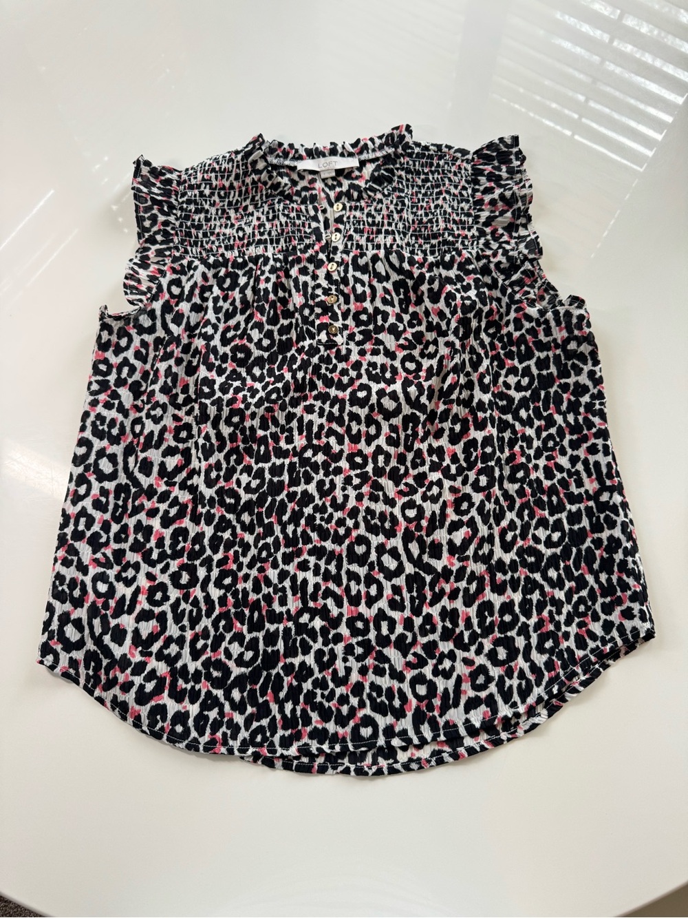 LOFT Black & Pink Leopard Smocked Sleeveless Blouse